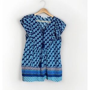 Rose + Olive Blouse Womens V-Neck Top Size M Batik Lightweight Ruffle Sleeve